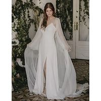 Little White Dresses Wedding Dresses Two Piece Camisole V Neck Spaghetti Strap Sweep  Brush Train Chiffon Bridal Suits Bridal Gowns With Split Front Solid Color 2024 Lightinthebox