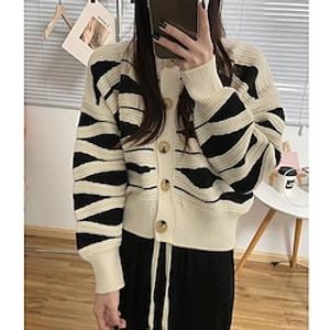 Women's Cardigan Sweater Jumper Waffle Knit Hollow Out Button Striped Crew Neck Casual Daily Weekend Winter Fall Green Pink One-Size Lightinthebox