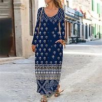 Women's Casual Dress Shift Dress Long Dress Maxi Dress Blue Long Sleeve Floral Pocket Winter Fall Autumn U Neck Winter Dress Weekend Fall Dress 2022 S M L XL XXL 3XL 4XL 5XL 6XL Lightinthebox - thumbnail