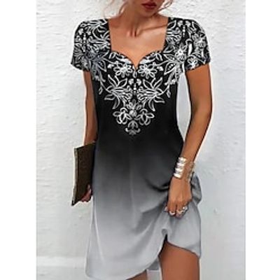 Women's Shift Dress Black gray Short Sleeve Floral Print Spring Summer Square Neck Loose Fit S M L XL XXL 3XL miniinthebox