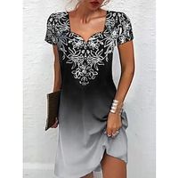 Women's Shift Dress Black gray Short Sleeve Floral Print Spring Summer Square Neck Loose Fit S M L XL XXL 3XL miniinthebox - thumbnail