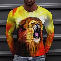 Men's Tee T shirt 3D Print Graphic Lion Animal Round Neck Casual Daily 3D Print Long Sleeve Tops Fashion Designer Comfortable Yellow miniinthebox - thumbnail