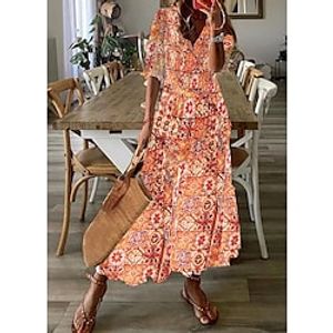 Women's A Line Dress Maxi long Dress Orange Half Sleeve Floral Button Fall Winter V Neck Casual 2022 S M L XL XXL 3XL Lightinthebox