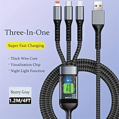 3-in-1 100W Fast Charging Cable Smart Super Fast Charging Support Multi-Interface Charging USB Visual Power Charging Cable Compatible With Apple Samsung OPPO Car Fast Charging Cable Lightinthebox