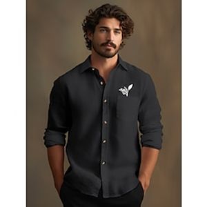 30% Linen Embroidered Men's Shirt Linen Shirt Beach Shirt Black White Blue Long Sleeve Leaf Lapel Spring   Fall Outdoor Daily Clothing Apparel Lightinthebox