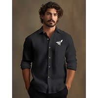 30% Linen Embroidered Men's Shirt Linen Shirt Beach Shirt Black White Blue Long Sleeve Leaf Lapel Spring   Fall Outdoor Daily Clothing Apparel Lightinthebox - thumbnail