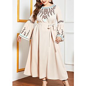 Women's Kaftan Dress Maxi long Dress Beige Long Sleeve Floral Patchwork Summer Round Neck Casual 2021 M L XL XXL 3XL 4XL miniinthebox