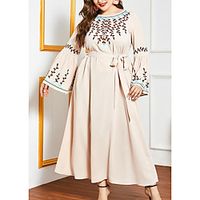 Women's Kaftan Dress Maxi long Dress Beige Long Sleeve Floral Patchwork Summer Round Neck Casual 2021 M L XL XXL 3XL 4XL miniinthebox - thumbnail