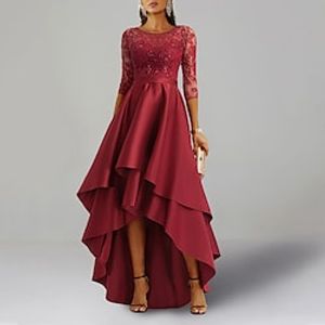 A-Line Wedding Guest Dresses Elegant Dress Formal Asymmetrical 34 Length Sleeve Jewel Neck Satin with Ruffles Appliques 2023 Lightinthebox