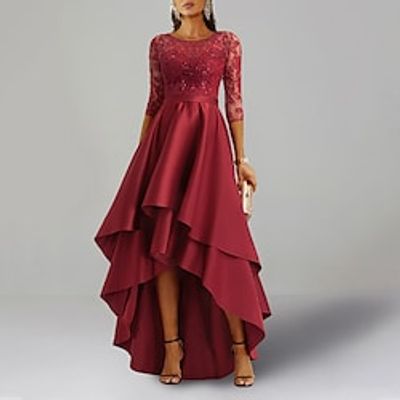A-Line Wedding Guest Dresses Elegant Dress Formal Asymmetrical 34 Length Sleeve Jewel Neck Satin with Ruffles Appliques 2023 Lightinthebox
