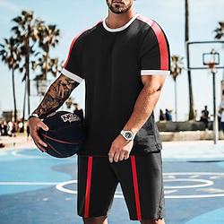 Men's Matching Sets Wine Red T shirt Tee Tee Top Sweat Shorts Summer Shorts Sets Short Sleeve Crew Neck Vacation Going out Color Block Patchwork 2 Piece Polyester Summer Lightinthebox