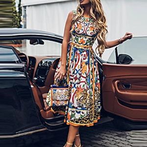 Women's A Line Dress Midi Dress Blue Yellow Green Sleeveless Floral Color Block Abstract Print Fall Summer Boat Neck Casual Vintage 2021 S M L XL XXL 3XL miniinthebox