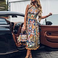 Women's A Line Dress Midi Dress Blue Yellow Green Sleeveless Floral Color Block Abstract Print Fall Summer Boat Neck Casual Vintage 2021 S M L XL XXL 3XL miniinthebox - thumbnail