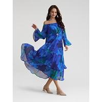 Chiffon Wedding Guest Royal Blue Floral Off Shoulder Long Sleeve Maxi Dress