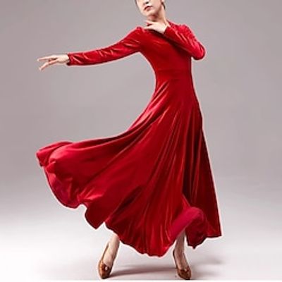 Ballroom Dance Dress Pleats Pure Color Splicing Women's Performance Party Long Sleeve Velvet Lightinthebox