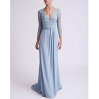 Sheath / Column Mother of the Bride Dress Elegant Sparkle Shine Jewel Neck Floor Length Chiffon Lace 3/4 Length Sleeve with Appliques 2024 Lightinthebox