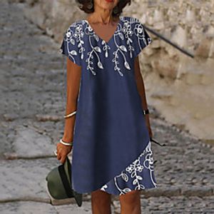 Women's A Line Dress Knee Length Dress Navy Blue Short Sleeve Floral Print Summer V Neck Casual 2021 S M L XL XXL 3XL miniinthebox