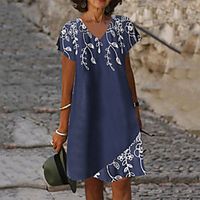 Women's A Line Dress Knee Length Dress Navy Blue Short Sleeve Floral Print Summer V Neck Casual 2021 S M L XL XXL 3XL miniinthebox - thumbnail