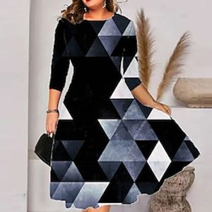 Women's Plus Size Work Dress Geometric Round Neck 34 Length Sleeve Fall Winter Stylish Work Midi Dress Vacation Going out Dress Lightinthebox