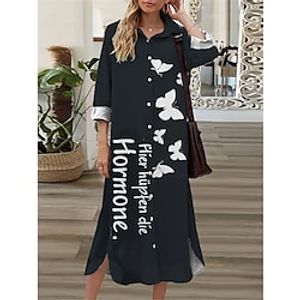 Women's Shift Dress Midi Dress Black 34 Length Sleeve Butterfly Letter Animal Button Print Fall Spring Shirt Collar Casual Fashion 2022 S M L XL XXL 3XL Lightinthebox