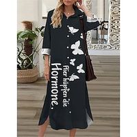 Women's Shift Dress Midi Dress Black 34 Length Sleeve Butterfly Letter Animal Button Print Fall Spring Shirt Collar Casual Fashion 2022 S M L XL XXL 3XL Lightinthebox - thumbnail