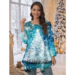 Christmas Shirt Women's Blouse Christmas Tree Red Blue Purple Asymmetric Flowing tunic Print Long Sleeve Christmas Casual Festival  Holiday Round Neck Regular Fit Spring   Fall Lightinthebox