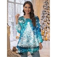Christmas Shirt Women's Blouse Christmas Tree Red Blue Purple Asymmetric Flowing tunic Print Long Sleeve Christmas Casual Festival  Holiday Round Neck Regular Fit Spring   Fall Lightinthebox - thumbnail