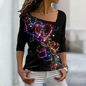 Women's T shirt Tee Black Heart Sparkly Print Long Sleeve Daily Weekend Basic V Neck Regular Valentine's Day Painting Couple S  3D Print Lightinthebox