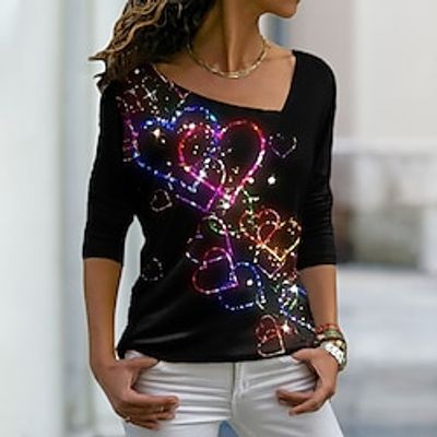 Women's T shirt Tee Black Heart Sparkly Print Long Sleeve Daily Weekend Basic V Neck Regular Valentine's Day Painting Couple S  3D Print Lightinthebox