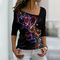 Women's T shirt Tee Black Heart Sparkly Print Long Sleeve Daily Weekend Basic V Neck Regular Valentine's Day Painting Couple S  3D Print Lightinthebox - thumbnail