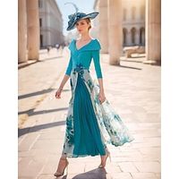 A-Line Mother of the Bride Dress Formal Wedding Guest Elegant V Neck Ankle Length Chiffon Stretch Fabric 34 Length Sleeve with Pleats Flower 2024 Lightinthebox