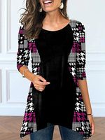 Long Sleeves Round Neck Plaid Color-block T-shirt Long Sleeves Round Neck Plaid Color-block T-shirt