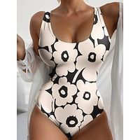 Women's Swimwear One Piece Normal Swimsuit Printing Floral Black Purple Green Beige Bodysuit Bathing Suits Sports Beach Wear Holiday Lightinthebox - thumbnail