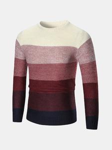 Mens Gradient Color Pullover Crew Neck Wool Hit Color Casual Sweater