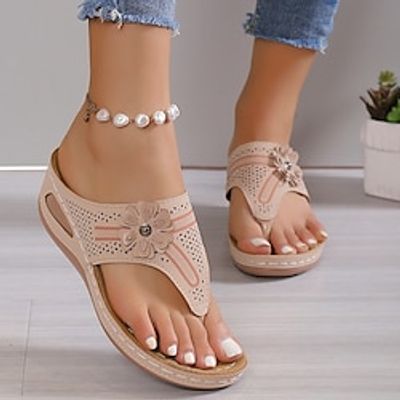 Women's Sandals Slippers Plus Size Outdoor Slippers Outdoor Beach Floral Wedge Heel Open Toe Elegant Casual Comfort PU Black Brown Khaki miniinthebox