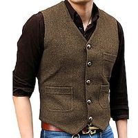 Men's Vest Waistcoat Daily Wear Vacation Going out Fashion Basic Spring   Fall Button Polyester Comfortable Plain Single Breasted V Neck Regular Fit Black Red Dark Navy Ocean Blue Vest Lightinthebox - thumbnail