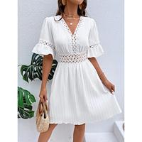 Women's White Dress Lace Dress Mini Dress Cut Out Elegant Casual V Neck Short Sleeve White Yellow Blue Color Lightinthebox