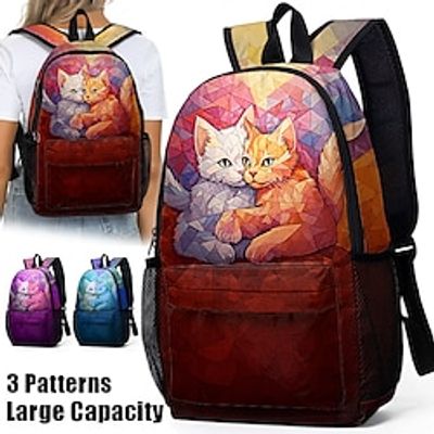 Women's Backpack School Bag Bookbag 3D Print Commuter Backpack School Outdoor Daily Cat Polyester Large Capacity Lightweight Durable Zipper Print Red Blue Fuchsia miniinthebox