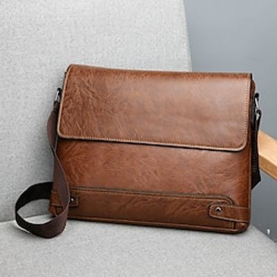 Men's Crossbody Bag Messenger Bag PU Leather Office Daily Zipper Large Capacity Solid Color Black Brown Khaki miniinthebox