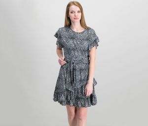 Printed Ruffled Faux-Wrap Dress  Black/White
