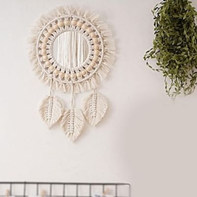 Wall Decorative Mirror Circle Mirrors Wooden Beads Cotton Rope Retro Makeup Mirror Wall Decor for Bedroom Living Room Entryway Lightinthebox