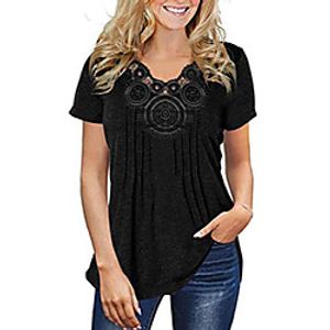 women's fashion summer pleated short sleeve t shirt lace patchwork solid color casual tunic tops black Lightinthebox