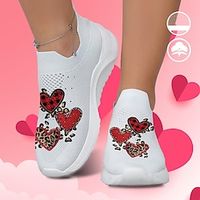 Women's Sneakers Slip-Ons Print Shoes Plus Size Flyknit Shoes Outdoor Valentine's Day Daily Leopard Heart-shaped Flat Heel Fashion Casual Tissage Volant White Lightinthebox - thumbnail