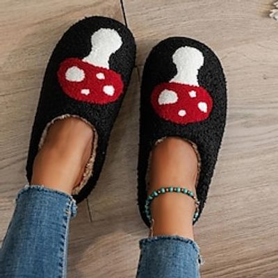 Women's Cute Mushroom Pattern House Slippers, Warm Plush Closed Toe Round Toe Fuzzy Home Slides, Women's Indoor Flat Cozy Shoes, Christmas Gift Xmas Gift Lightinthebox