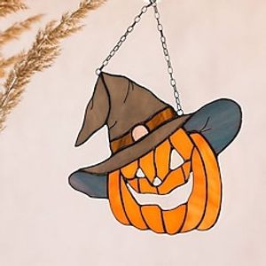 Stained Glass Pumpkin in a hat Fall Orange Halloween Suncatcher Picture Home Decor Window Wall Hangings Cling Nature Ornament Gift House Lightinthebox