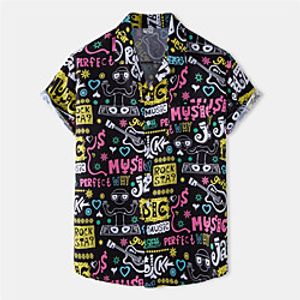 Men's Shirt Guitar Letter Button-Down Short Sleeve Casual Tops Cotton Casual Fashion Breathable Comfortable Black Lightinthebox