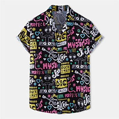 Men's Shirt Guitar Letter Button-Down Short Sleeve Casual Tops Cotton Casual Fashion Breathable Comfortable Black Lightinthebox