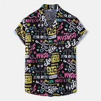 Men's Shirt Guitar Letter Button-Down Short Sleeve Casual Tops Cotton Casual Fashion Breathable Comfortable Black Lightinthebox - thumbnail