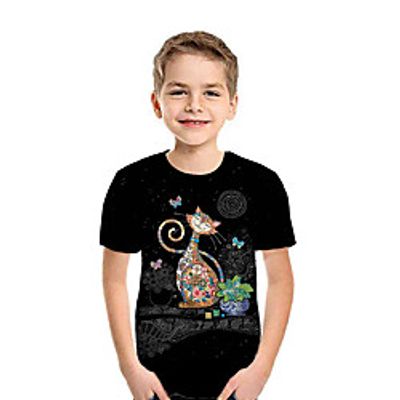 Kids Boys' T shirt Tee Short Sleeve Butterfly Cat 3D Print Animal Black Children Tops Summer Active Daily Wear Regular Fit 3-12 Years miniinthebox