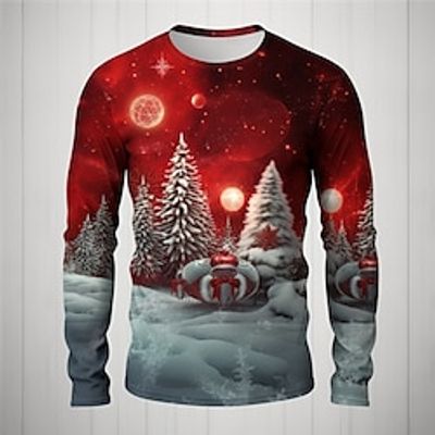 Graphic Christmas Tree Fashion Designer Casual Men's 3D Print T shirt Tee Sports Outdoor Holiday Going out Christmas T shirt Red Blue Dark Blue Long Sleeve Crew Neck Shirt Spring   Fall Clothing miniinthebox